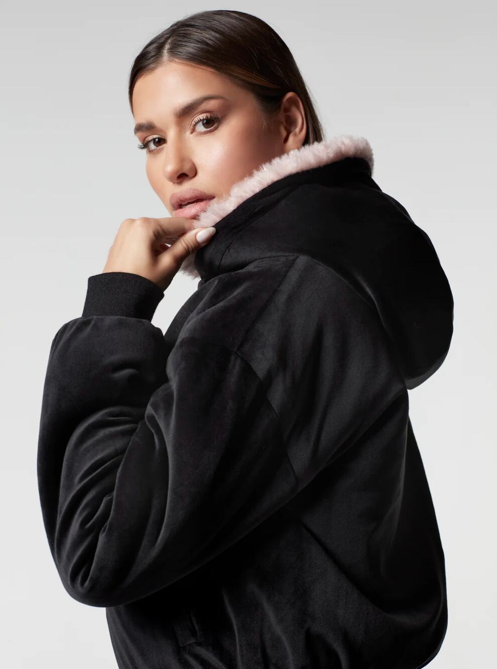 BLANC NOIR JACKET Women's Size XS Pink Black Faux Shearling REVERSIBLE HOODED
